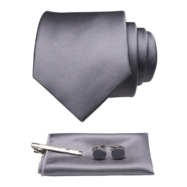 Silk Necktie Pocket Square Hanky Cufflinks Set