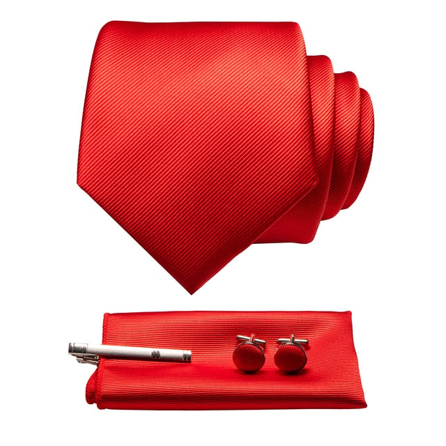 Silk Necktie Pocket Square Hanky Cufflinks Set